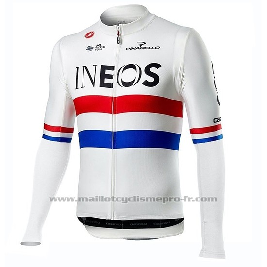 2019 Maillot Cyclisme INEOS Champion Uk Blanc Manches Longues et Cuissard